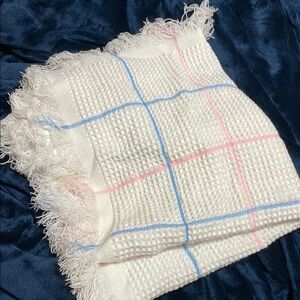 Cozy White Woven Blanket with Blue and Pink Accents